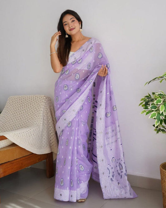 Beautiful Lavender Color Soft Cotton Saree