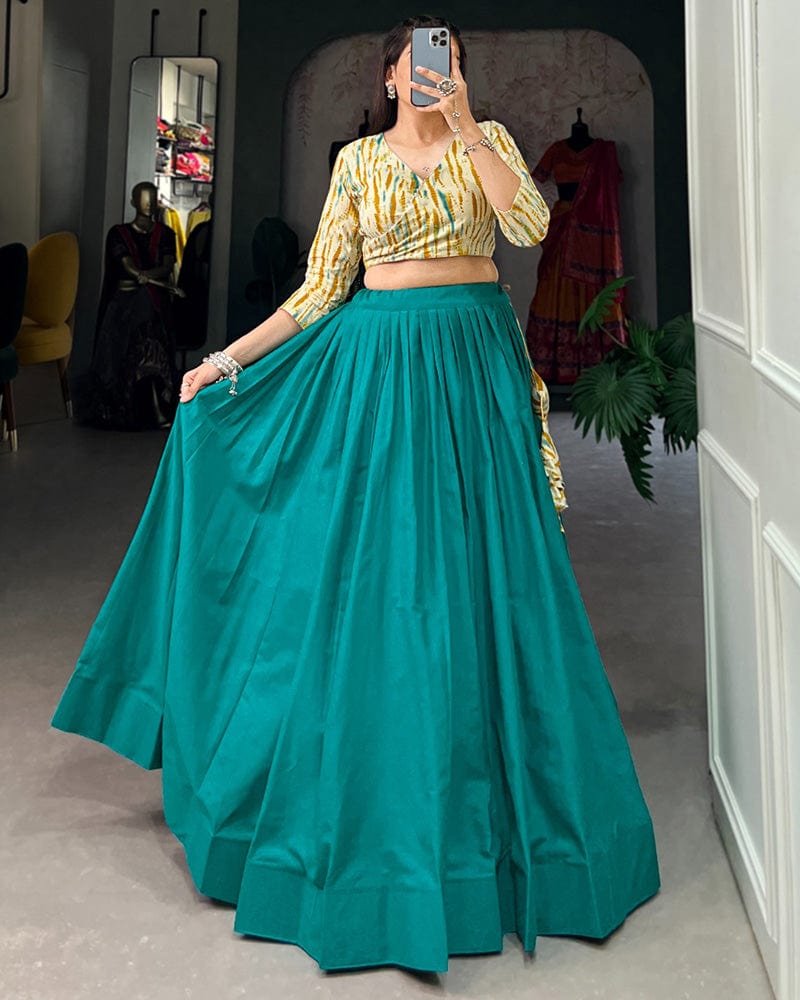 Teal Green Color Cotton Crop Top Navratri Lehenga Choli