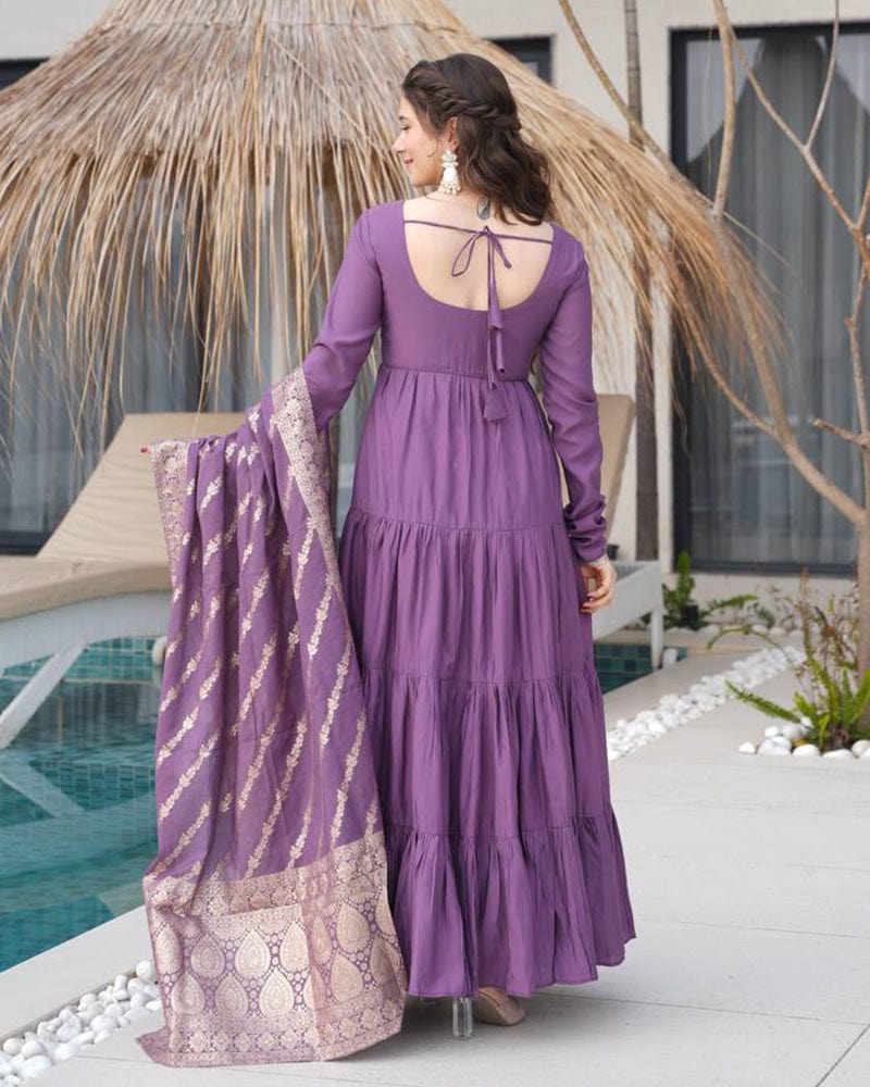 Dusty Purple Color Pure Chanderi Silk Frill Style Anarkali Suit