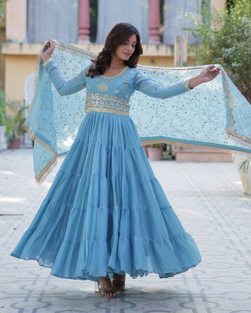 Sky Color Star Georgette Gown With Embroidered Dupatta