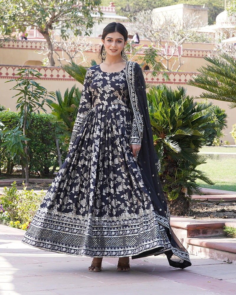 Designer Black Color Sequence embroidered Viscose Jacquard Gown With Dupatta