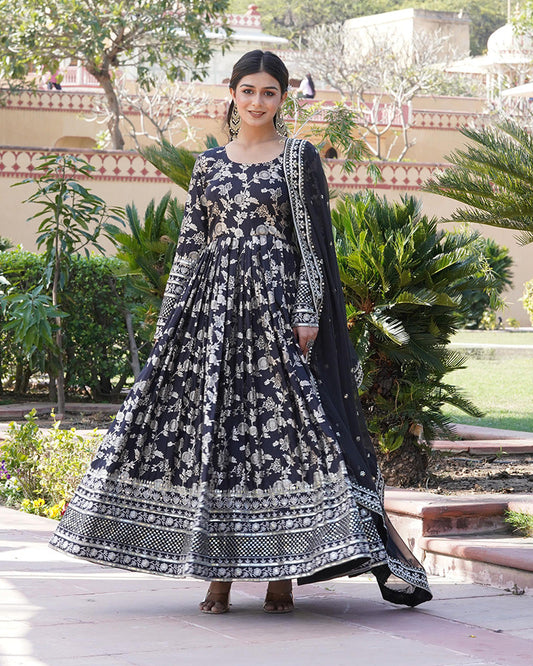 Designer Black Color Sequence embroidered Viscose Jacquard Gown With Dupatta