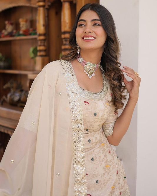 Off-White Color Viscose Jacquard Three Piece Gharara Suit