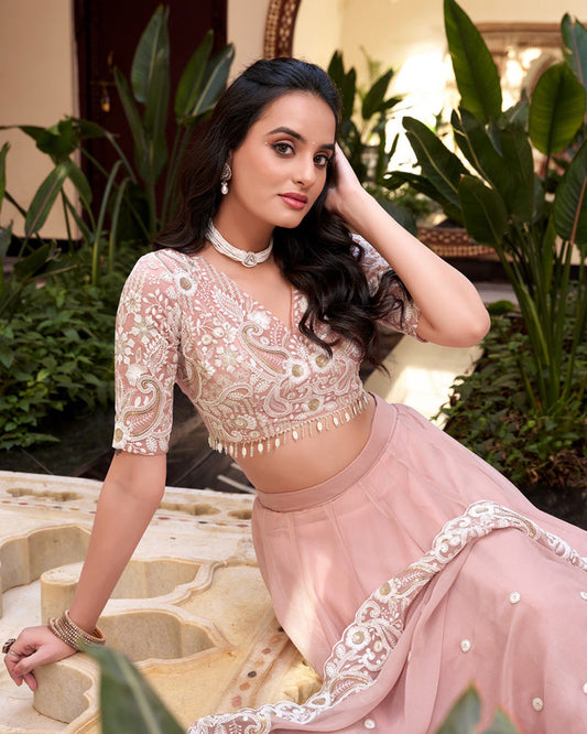 Peach Pink Color Weone Silk Embroidered Lehenga Choli