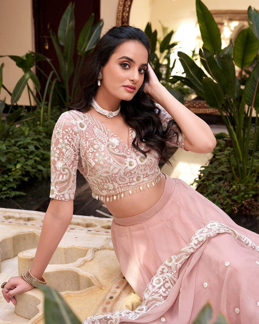 Peach Pink Color Weone Silk Embroidered Lehenga Choli
