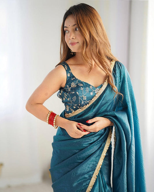 Teal Blue Color Tissue Silk Pre Drapped Saree