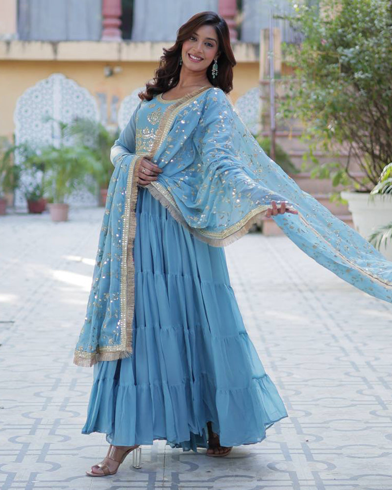 Sky Color Star Georgette Gown With Embroidered Dupatta