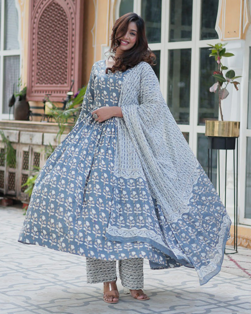Gray Color Printed Pure Cotton Three Piece Kurti Suit