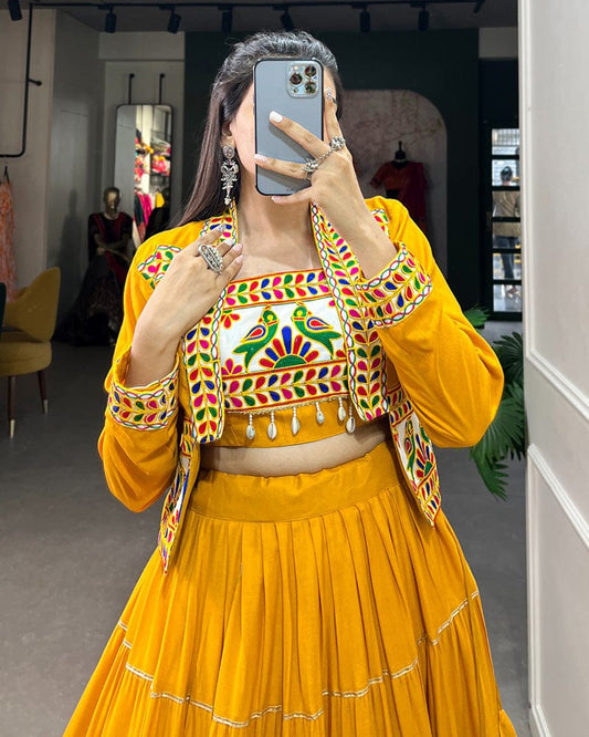 Mustard Color Pure Rayon Gamthi Navratri Lehenga Choli