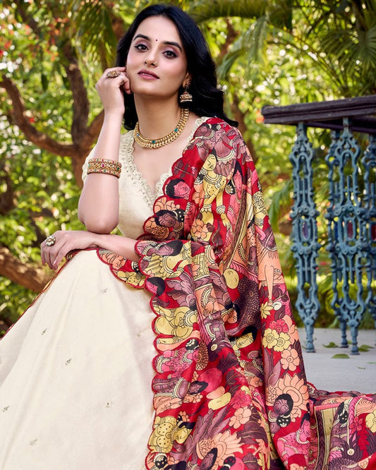 Off-White Color Vichitra Silk Embroidered Lehenga Choli