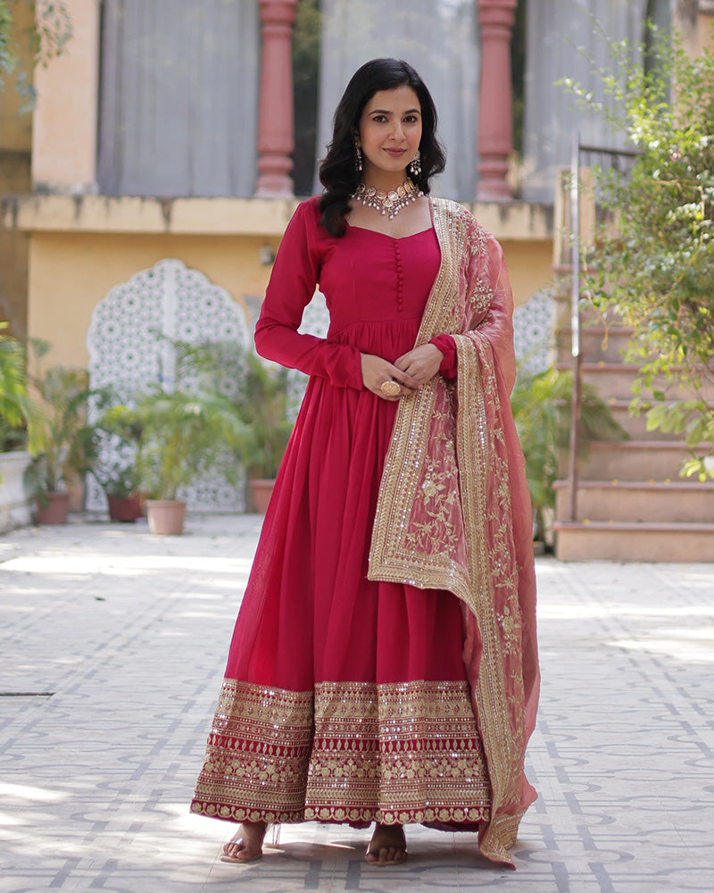 Rani Pink Color Vichitra Shimmer Sequence Embroidered Gown