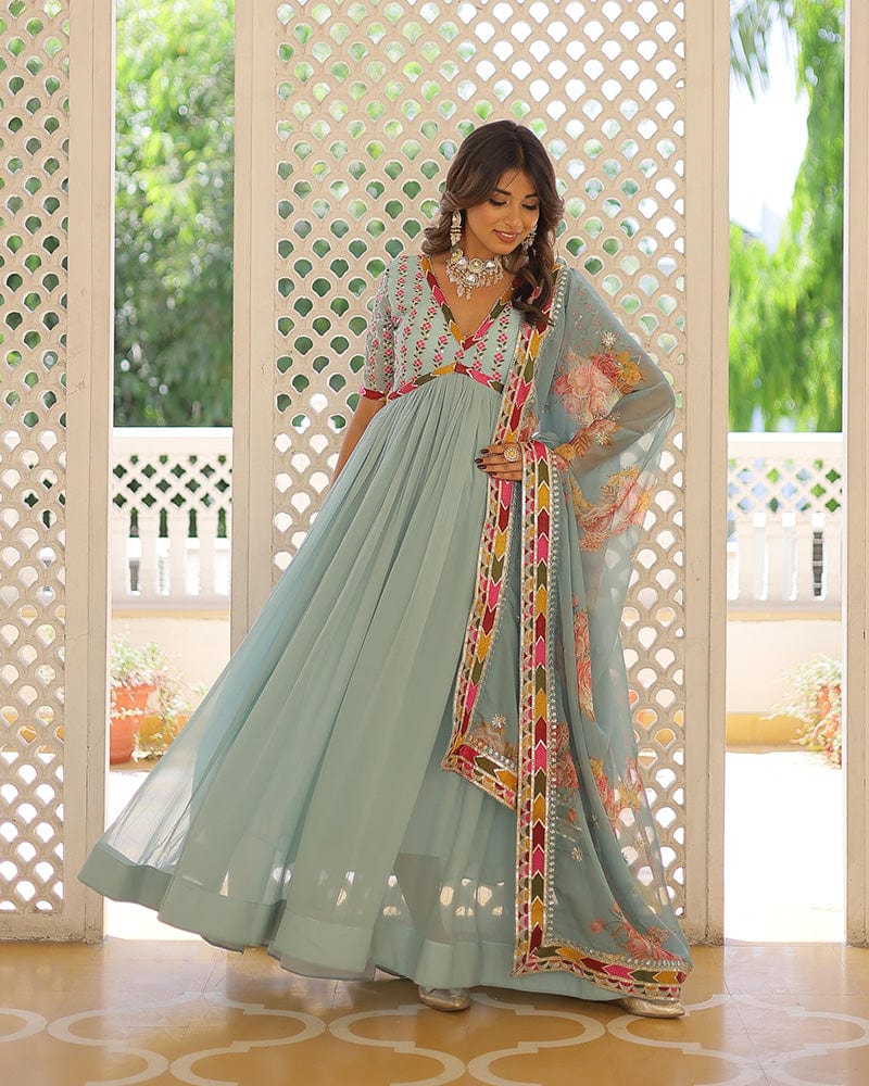 Sky Blue Color Faux Georgette Alia Cut Gown With Dupatta