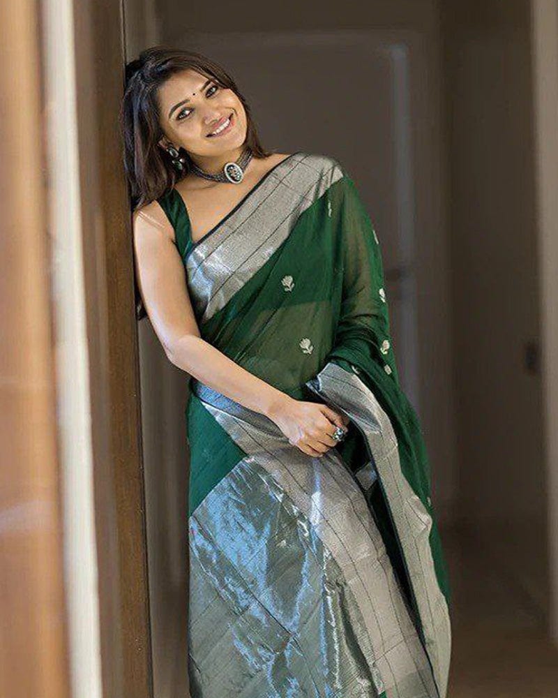 Dark Green Soft Linen Cotton silk Saree