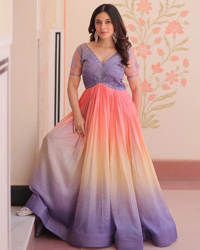 Lavender Color Gold Crush Embroidered work Gown