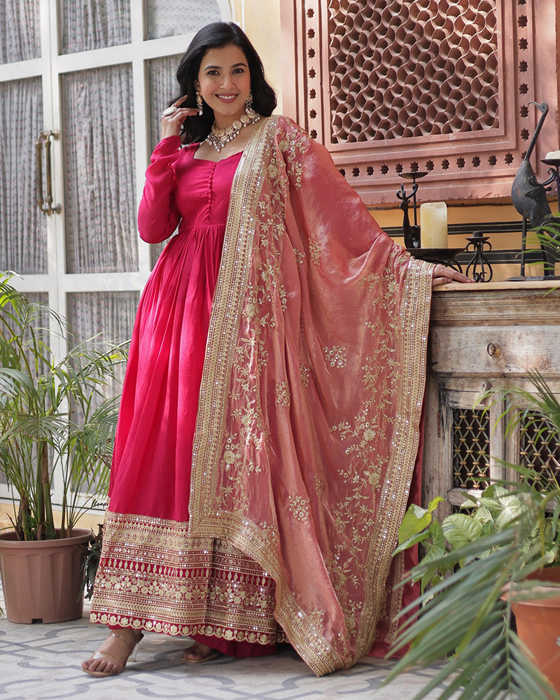 Rani Pink Color Vichitra Shimmer Sequence Embroidered Gown