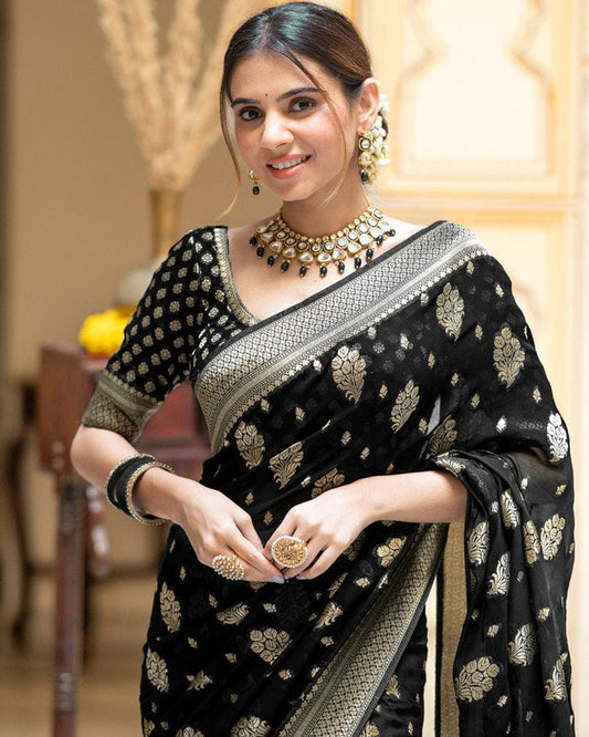 Black Color Banarasi All Over Jacquard Soft Silk Saree