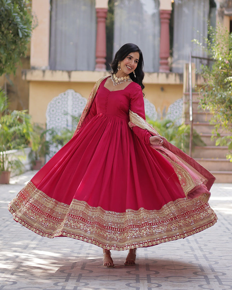 Rani Pink Color Vichitra Shimmer Sequence Embroidered Gown