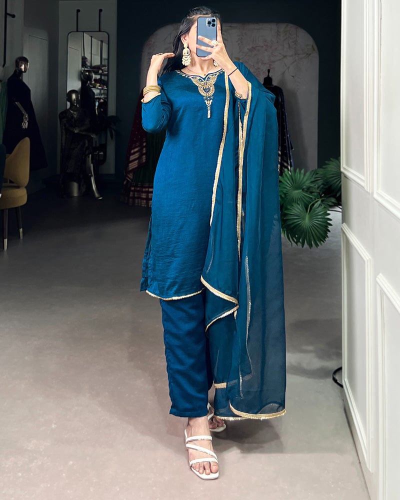 Blue Color Vichitra Silk Three Piece Kurti Suit