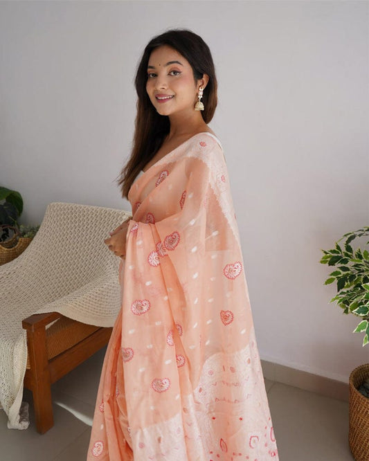 Beautiful Peach Color Soft Cotton Saree
