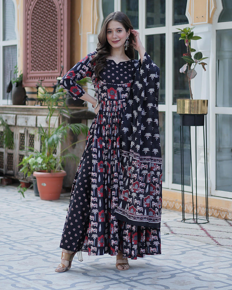 Black Color Printed Pure Cotton Three Piece Kurti Suit
