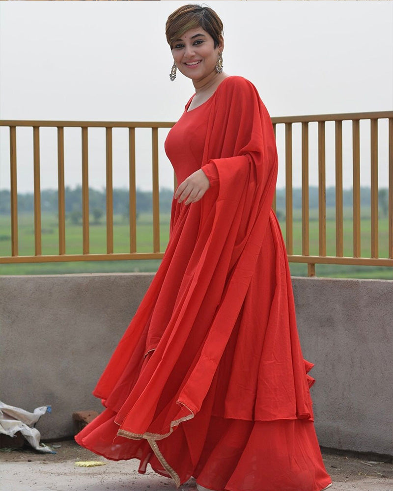 Red Color Faux Georgette Double Layer Anarkali Suit