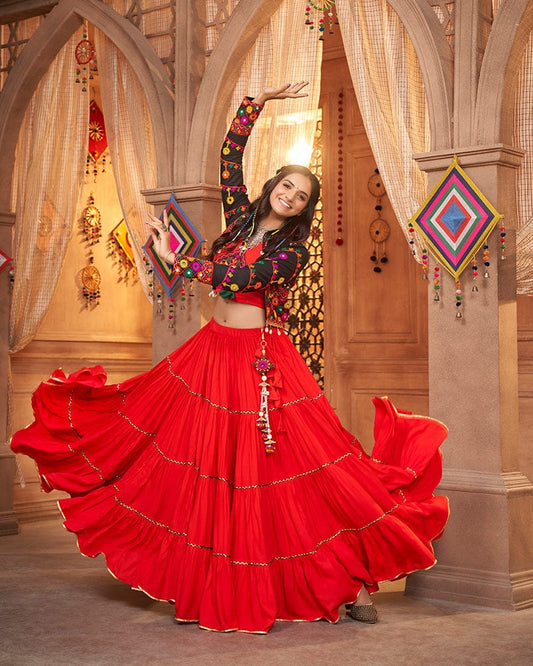 Red Color Viscose Rayon Threaded Fully Stitched Navratri Lehenga Choli