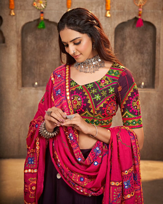 Purple Color Viscose Rayon Mirror Work Navratri Lehenga Choli