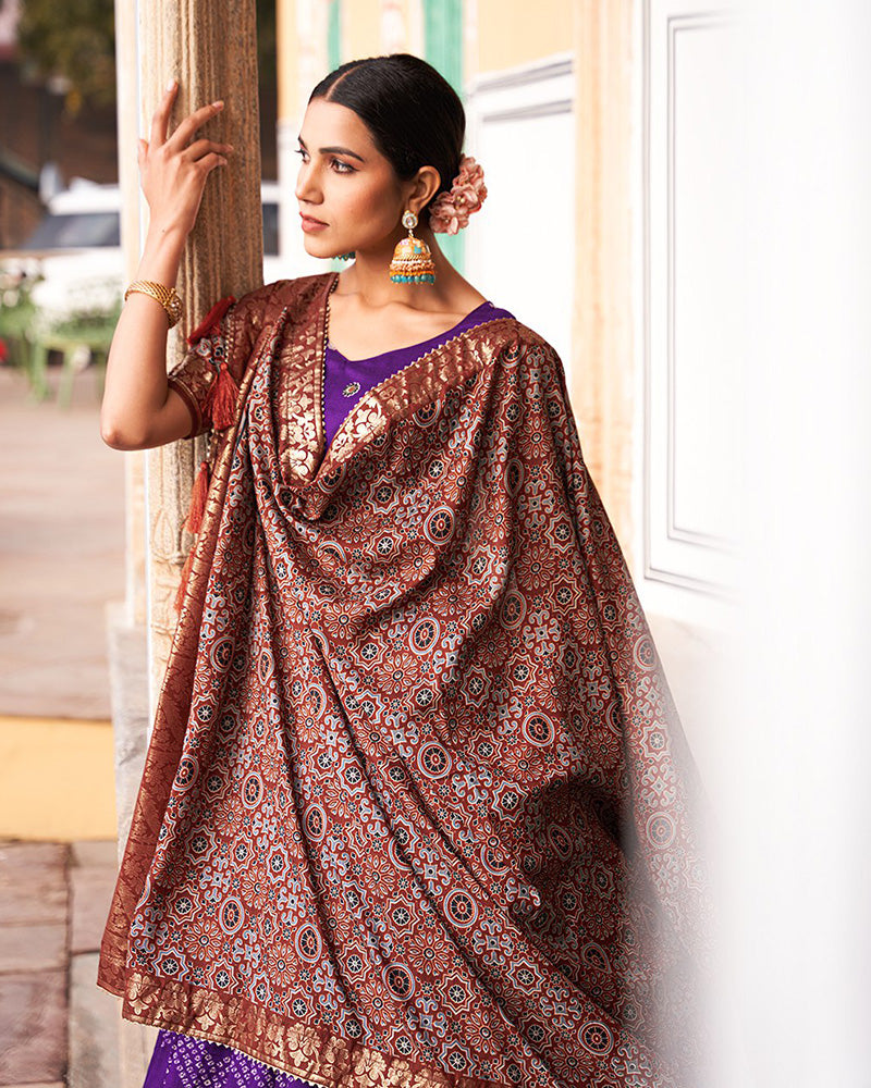 Designer Purple Color Ajarakh Print Silk Lehenga Choli