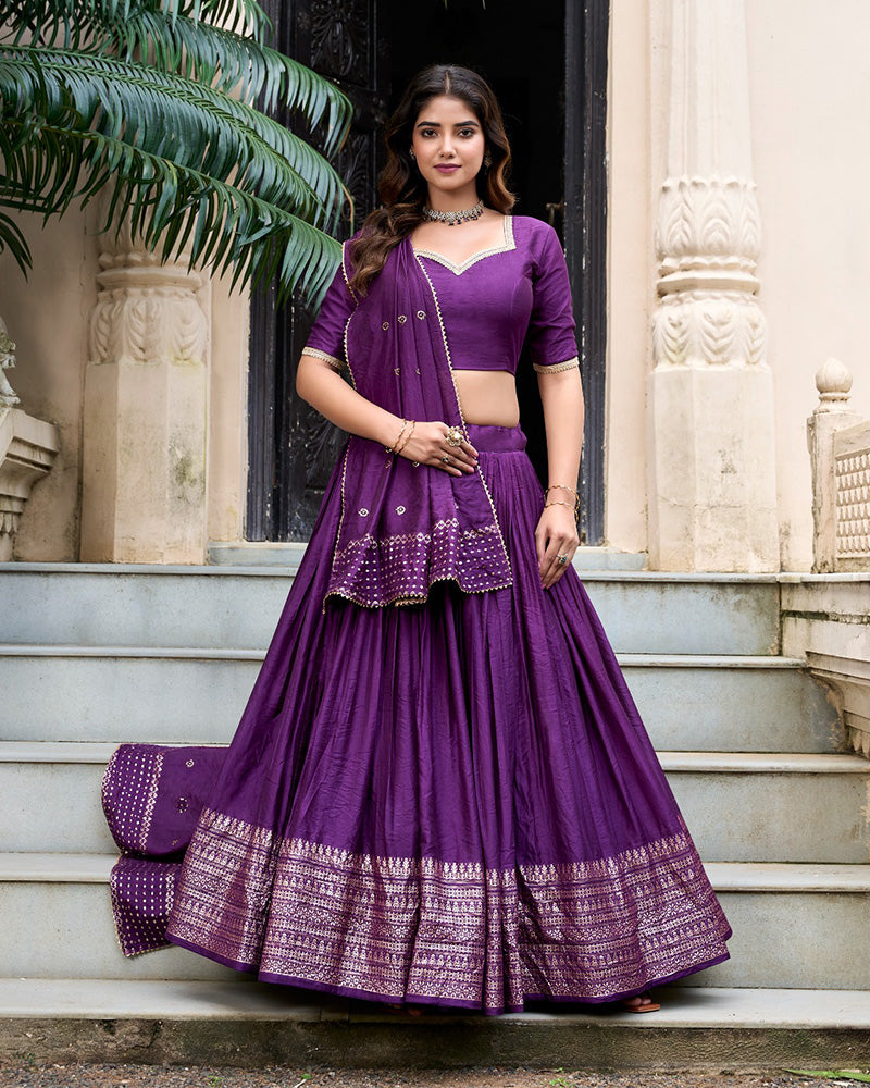 Dark Purple Color Pure Chanderi Plain Navratri Lehenga Choli