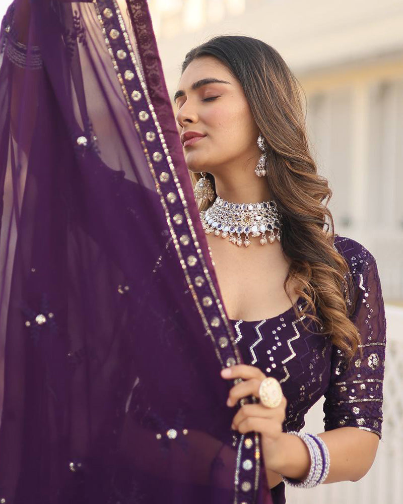 Wine Color Blooming Soft Georgette Heavy Embroidery Threaded Semi Stitched Lehenga Choli