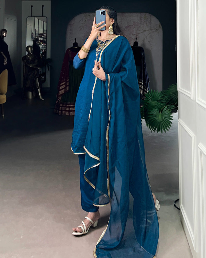 Blue Color Vichitra Silk Three Piece Kurti Suit