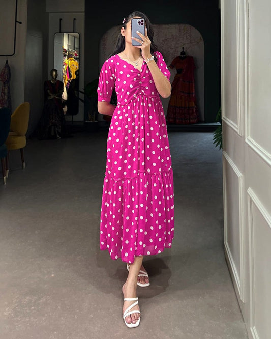 Pink Color Georgette Dot Printed Long Kurti