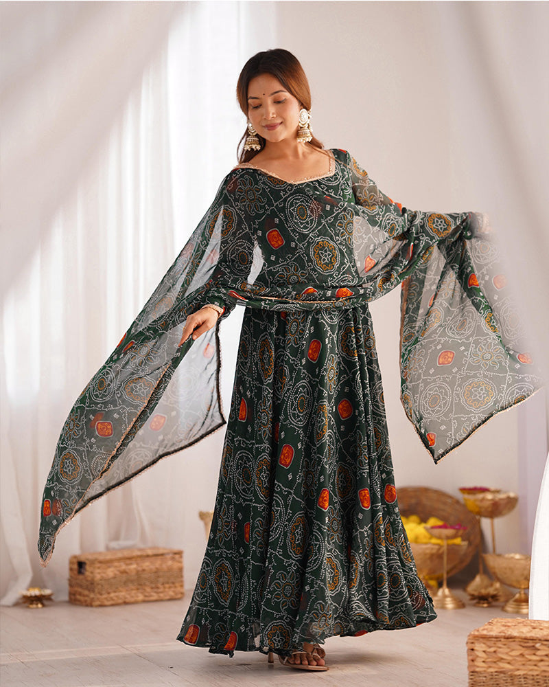 Green Color Bandhej Print Soft Chiffon Anarkali Gown