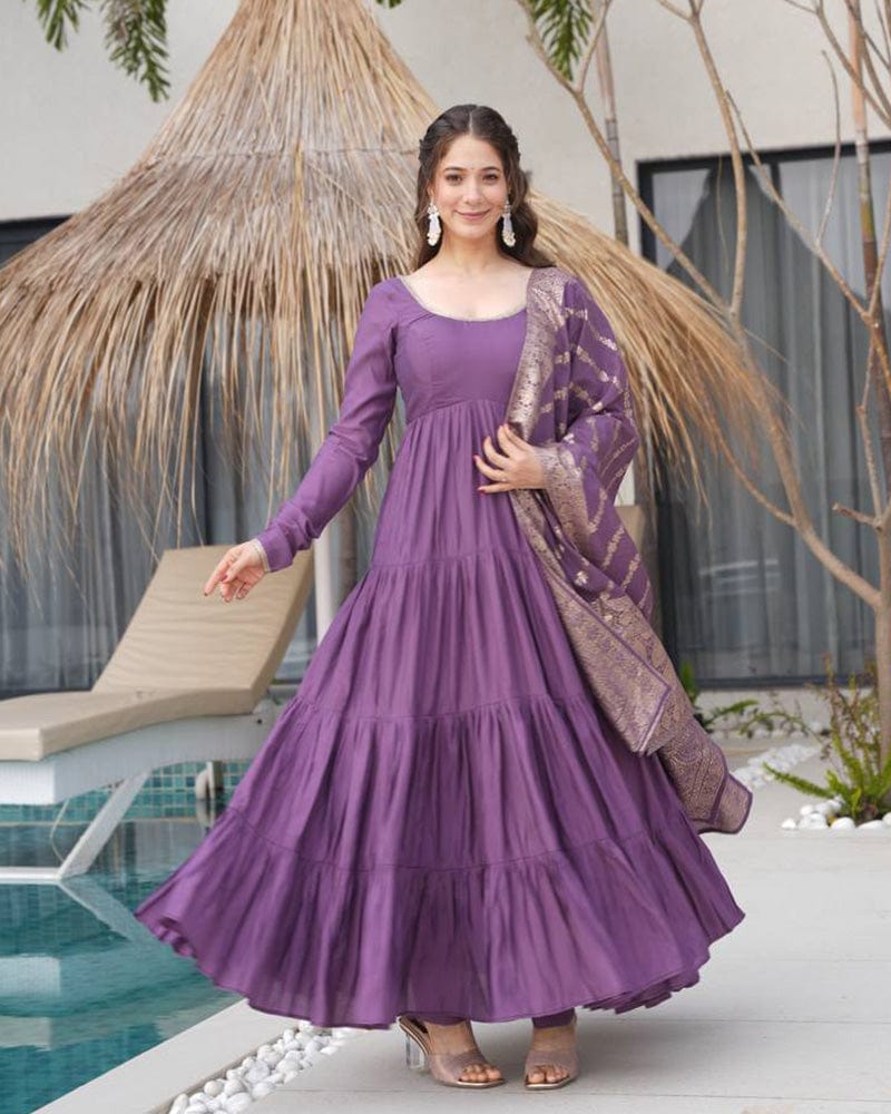Dusty Purple Color Pure Chanderi Silk Frill Style Anarkali Suit