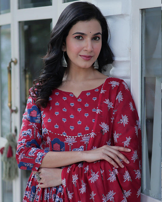 Red Color Printed Pure Cotton Three Piece Kurti Suit