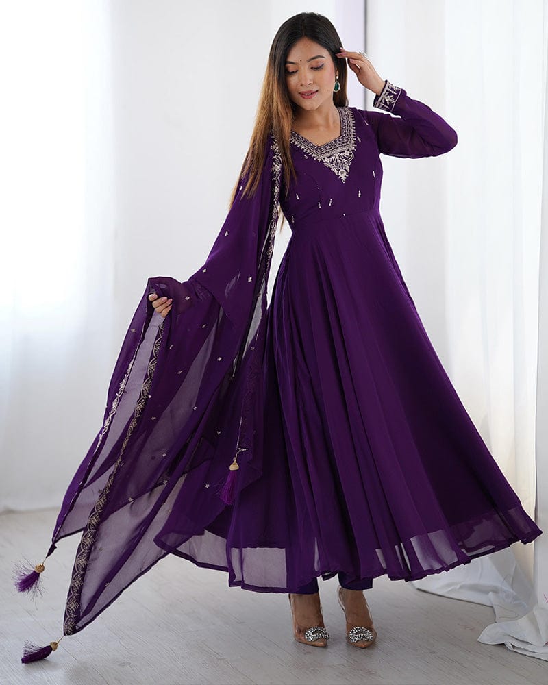 Purple Color Georgette Embroidered Three Piece Anarkali Suit