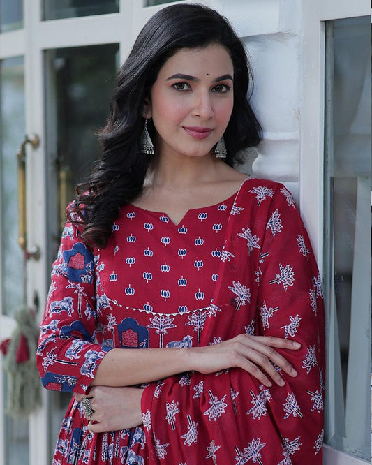 Red Color Printed Pure Cotton Three Piece Kurti Suit