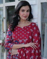 Red Color Printed Pure Cotton Three Piece Kurti Suit