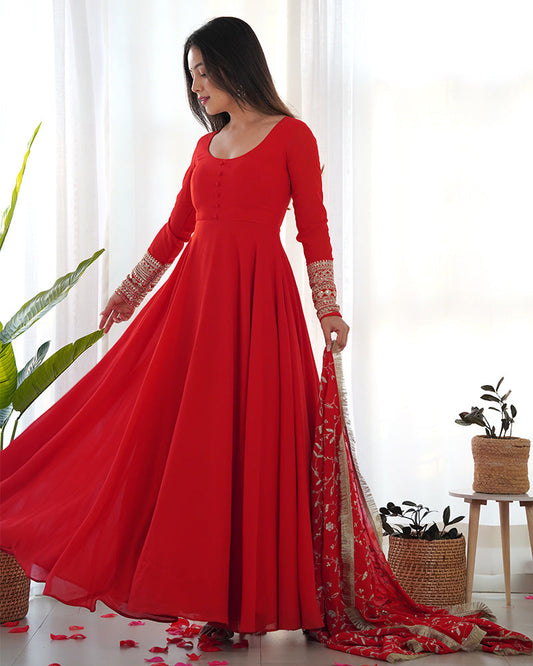 Red Color Soft Georgette Anarkali Gown With Heavy Embroidery Work Dupatta