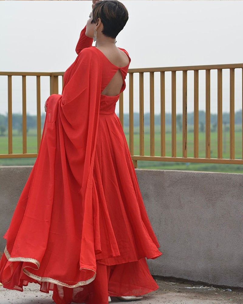 Red Color Faux Georgette Double Layer Anarkali Suit