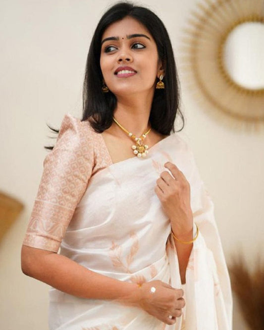 Copper White Color Banarasi Soft Silk Saree