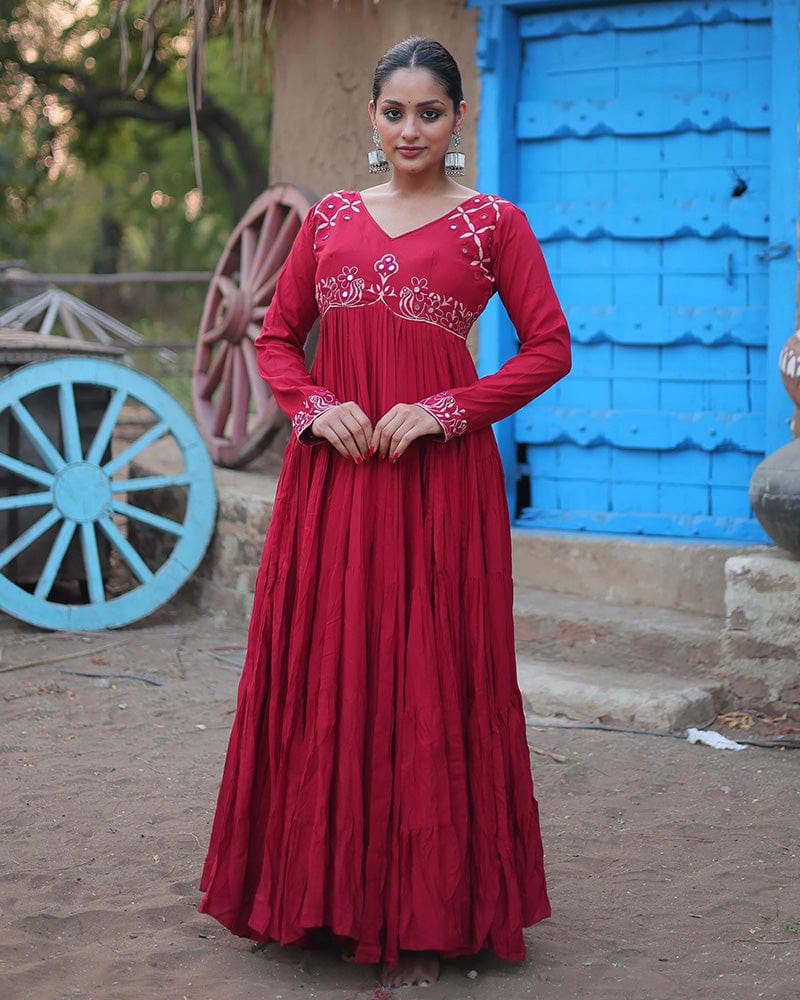 Maroon Color Reyon Ruffle Style Navratri Gown