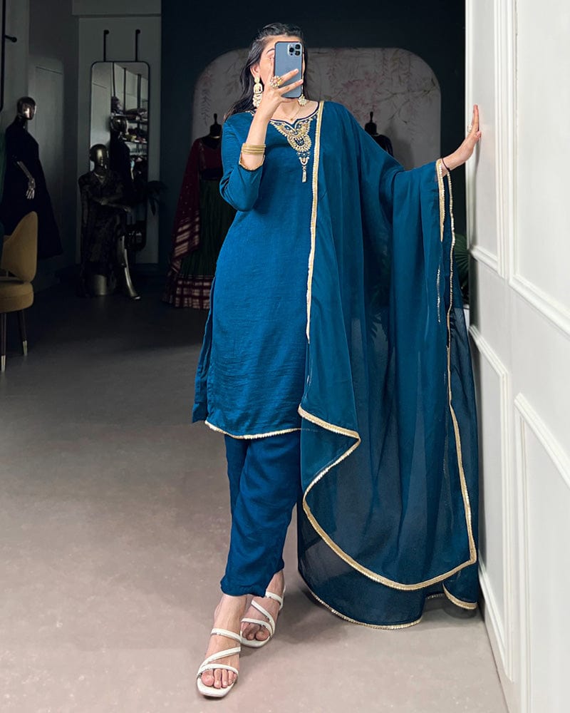 Blue Color Vichitra Silk Three Piece Kurti Suit