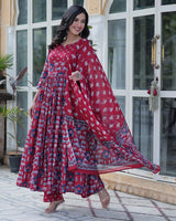 Red Color Printed Pure Cotton Three Piece Kurti Suit