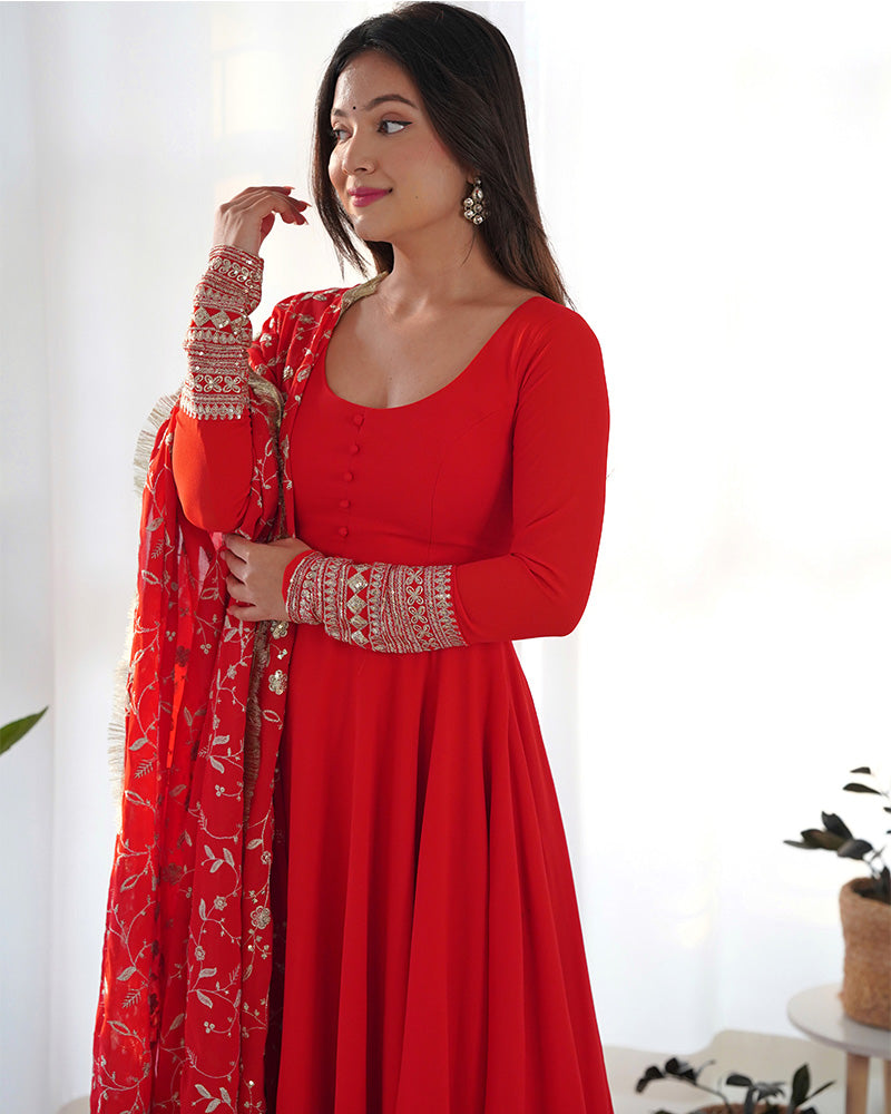 Red Color Soft Georgette Anarkali Gown With Heavy Embroidery Work Dupatta