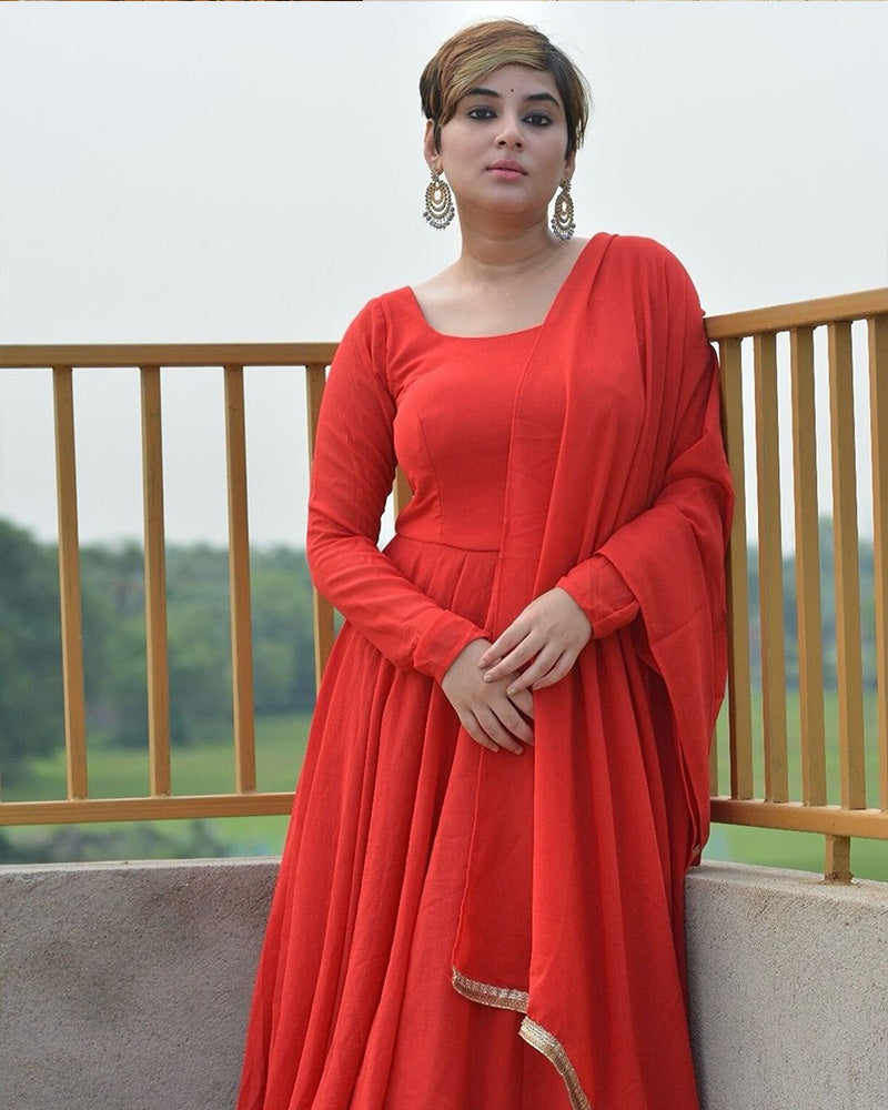 Red Color Faux Georgette Double Layer Anarkali Suit