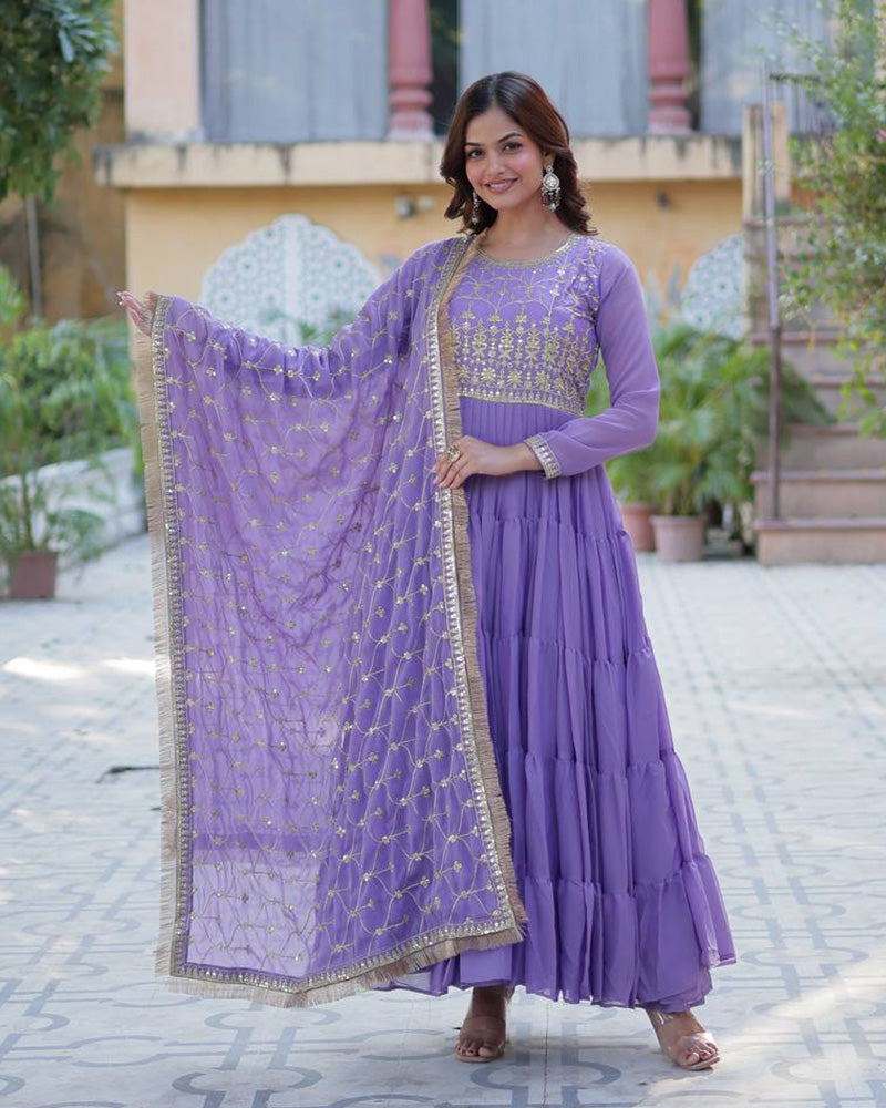 Purple Color Star Georgette Gown With Embroidered Dupatta