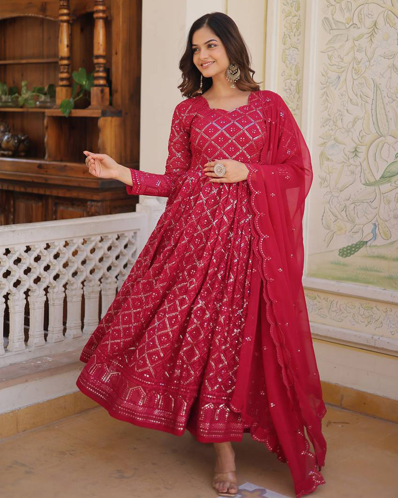 Rani Pink Color Designer Anarkali Gown With Dupatta