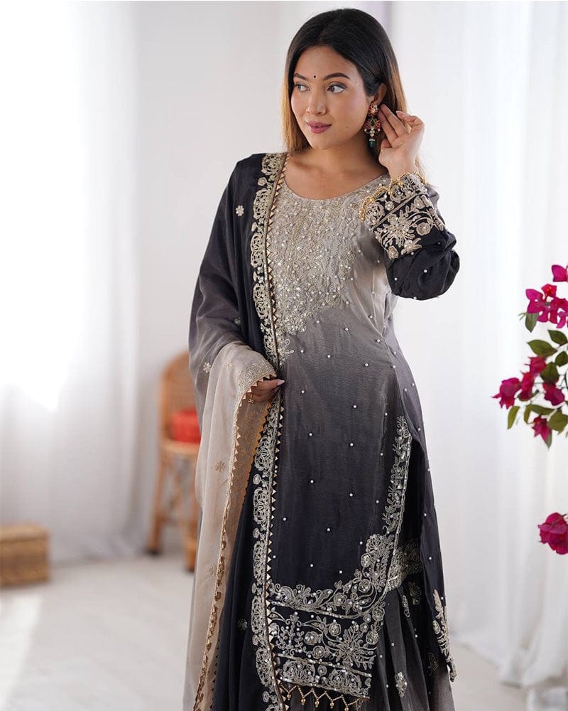 Dusty Black Color Chinnon Sequence Work Plazzo Suit