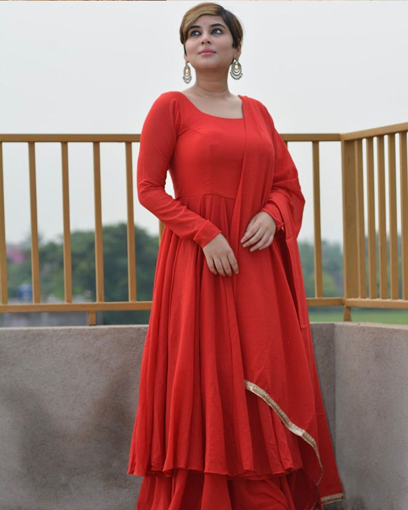 Red Color Faux Georgette Double Layer Anarkali Suit